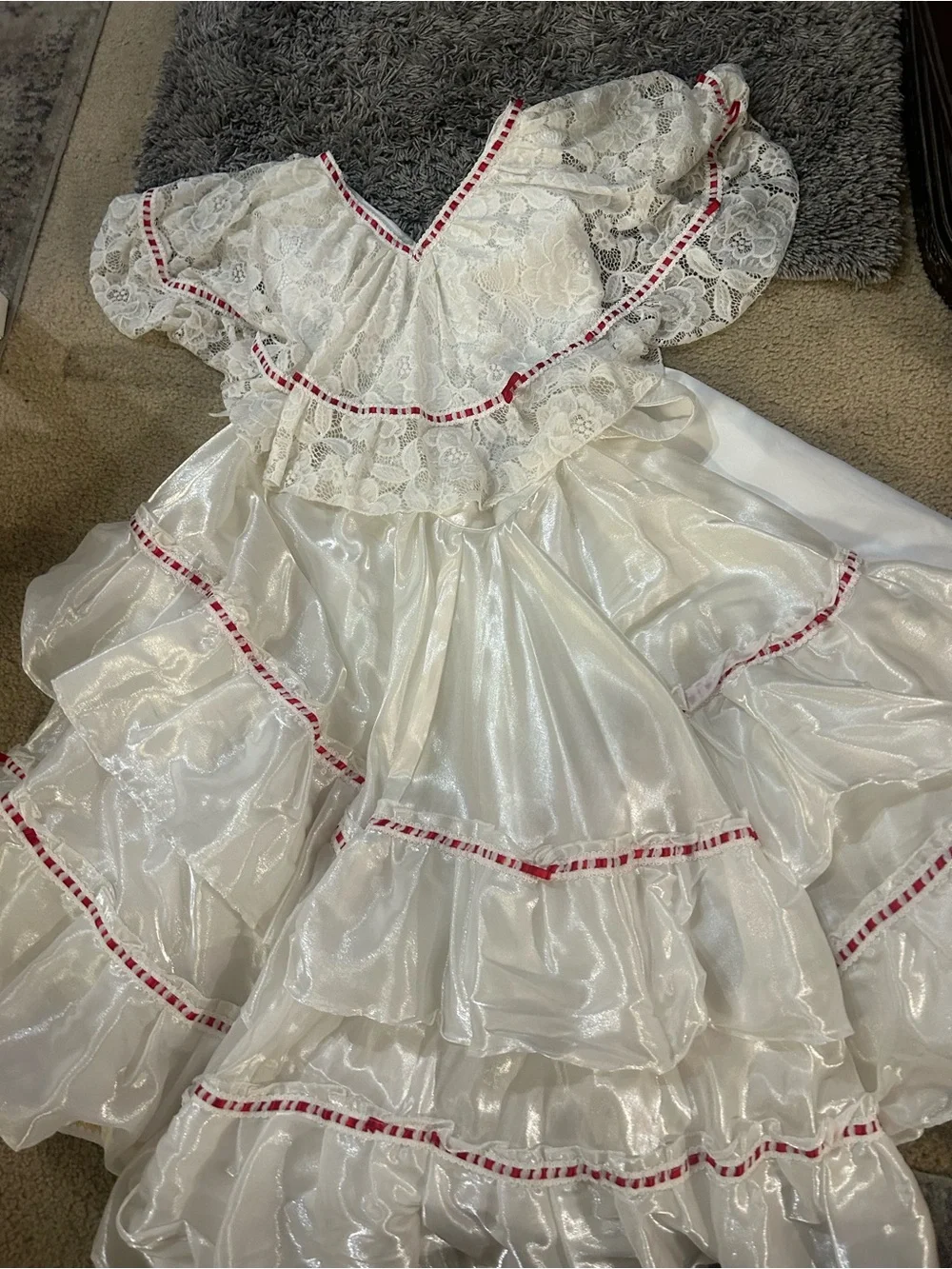 Veracruz Folkloric White & Red Trim Girls' Traditional Ruffled Costume Dress